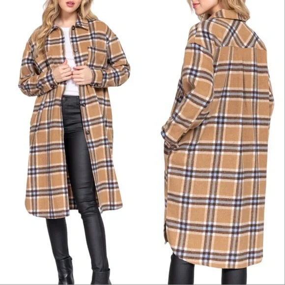 WOOL PLAID LONG SHACKET - TAUPE LIGHT BLUE - Picture 1 of 4